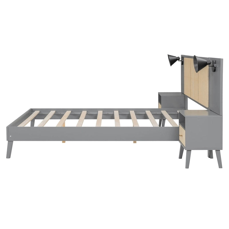 Letto matrimoniale Queen grigio con comodini e lampade sulla testiera, 2 posti letto