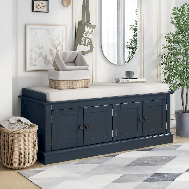 Storage Bench with 4 Doors and Adjustable Shelves with Removable Cushion (Antique Navy)