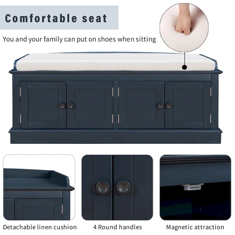 Panca contenitore a 4 ante bianca/blu con ripiani regolabili e cuscino removibile (seduta per 2 persone)
