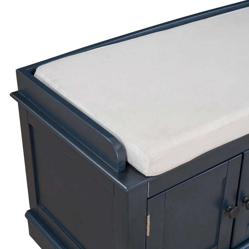 Panca contenitore a 4 ante bianca/blu con ripiani regolabili e cuscino removibile (seduta per 2 persone)