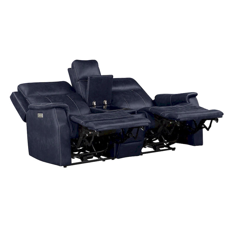 Divano a 2 posti con consolle reclinabile elettricamente in similpelle blu oceano / marrone noce