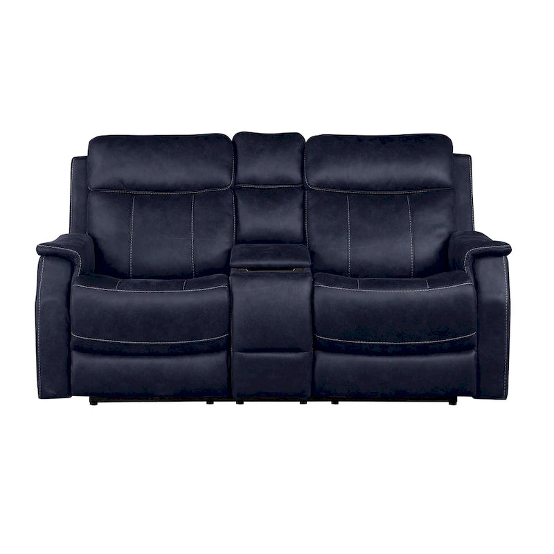 Divano a 2 posti con consolle reclinabile elettricamente in similpelle blu oceano / marrone noce