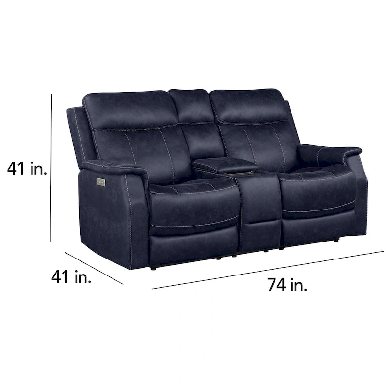 Divano a 2 posti con consolle reclinabile elettricamente in similpelle blu oceano / marrone noce