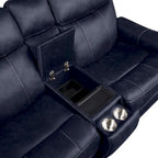 Divano a 2 posti con consolle reclinabile elettricamente in similpelle blu oceano / marrone noce