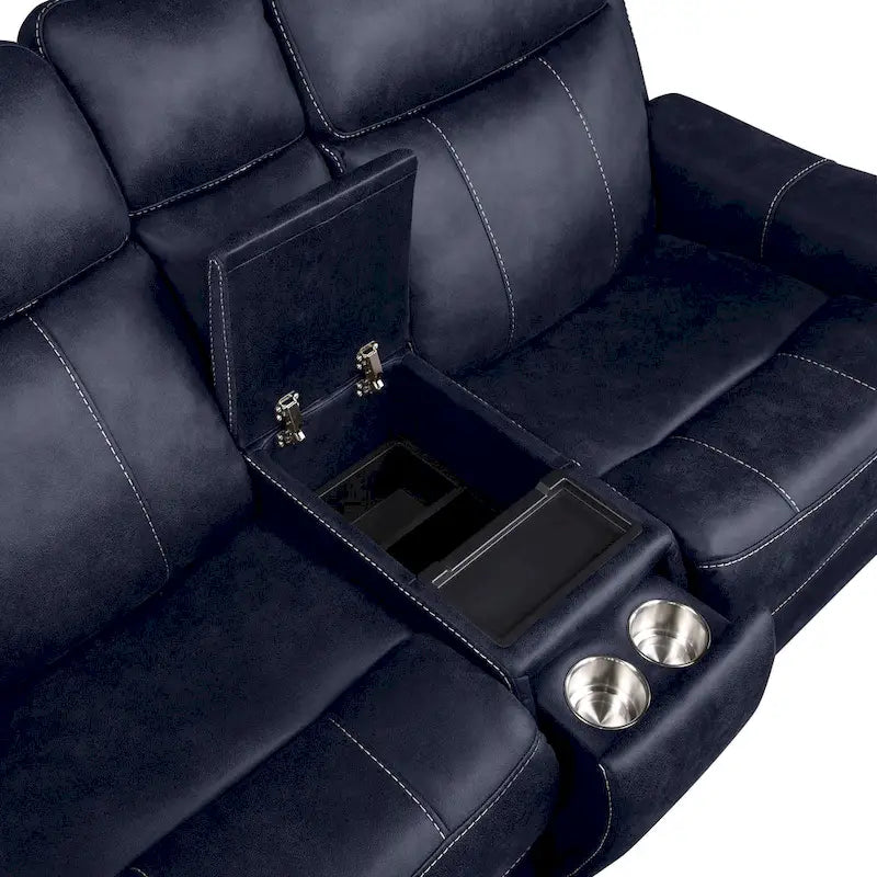 Divano a 2 posti con consolle reclinabile elettricamente in similpelle blu oceano / marrone noce