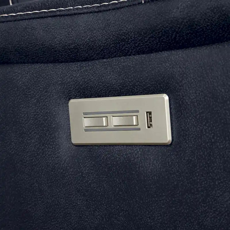 Divano a 2 posti con consolle reclinabile elettricamente in similpelle blu oceano / marrone noce