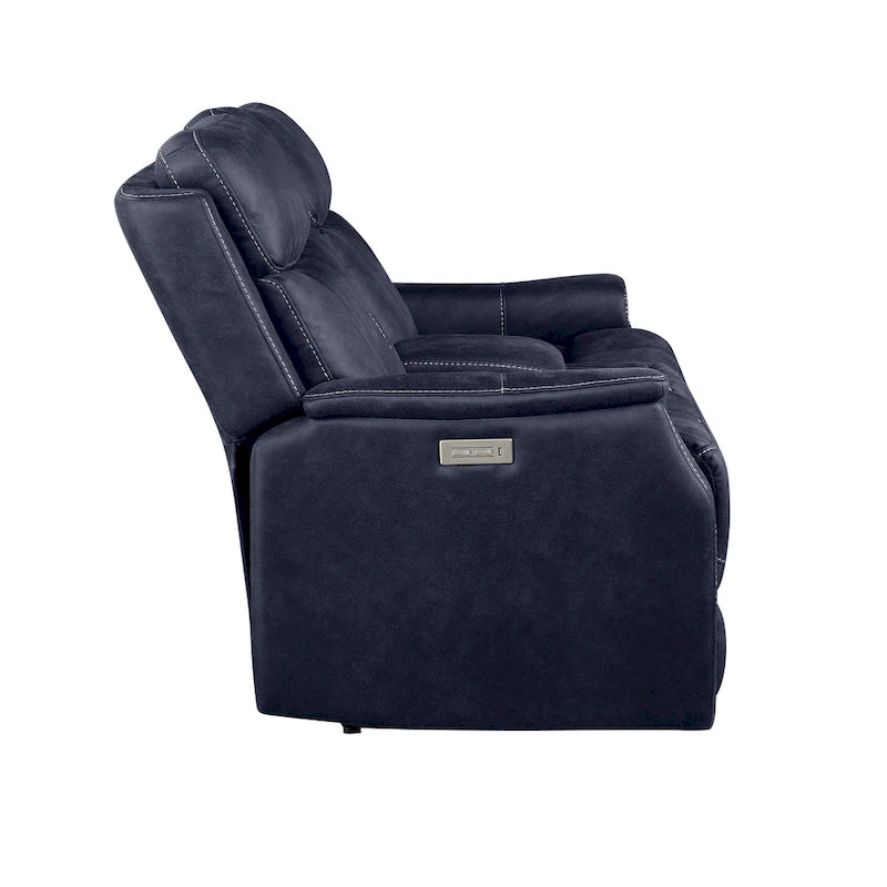 Divano a 2 posti con consolle reclinabile elettricamente in similpelle blu oceano / marrone noce