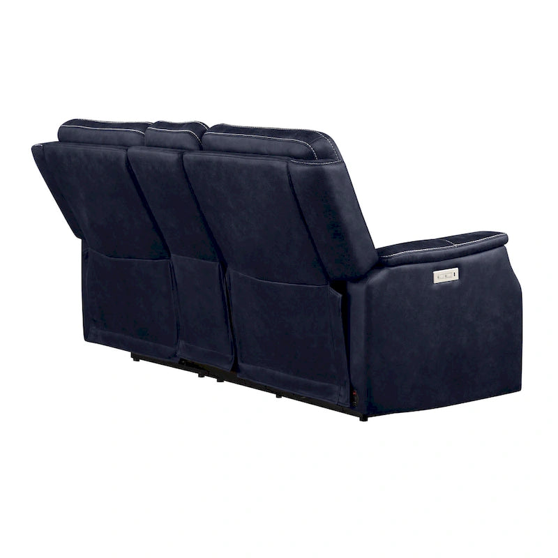 Divano a 2 posti con consolle reclinabile elettricamente in similpelle blu oceano / marrone noce