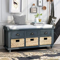 Panca contenitore per 1 persona, in stile antico, color Navy/Espresso/Bianco Sbiancato/Bianco Rustico, con 3 cassetti e 3 cesti in rattan