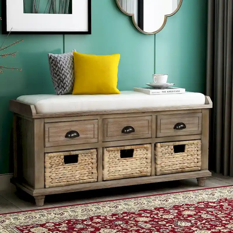 Panca contenitore per 1 persona, in stile antico, color Navy/Espresso/Bianco Sbiancato/Bianco Rustico, con 3 cassetti e 3 cesti in rattan