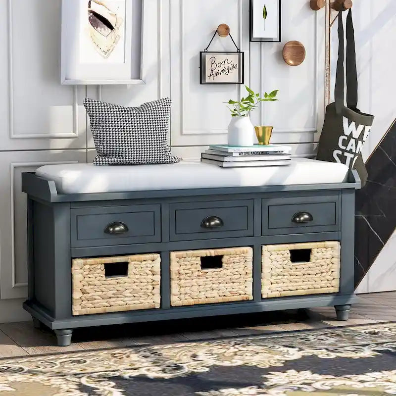 Panca contenitore per 1 persona, in stile antico, color Navy/Espresso/Bianco Sbiancato/Bianco Rustico, con 3 cassetti e 3 cesti in rattan
