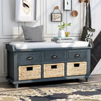Panca contenitore per 1 persona, in stile antico, color Navy/Espresso/Bianco Sbiancato/Bianco Rustico, con 3 cassetti e 3 cesti in rattan