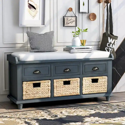 Panca contenitore per 1 persona, in stile antico, color Navy/Espresso/Bianco Sbiancato/Bianco Rustico, con 3 cassetti e 3 cesti in rattan