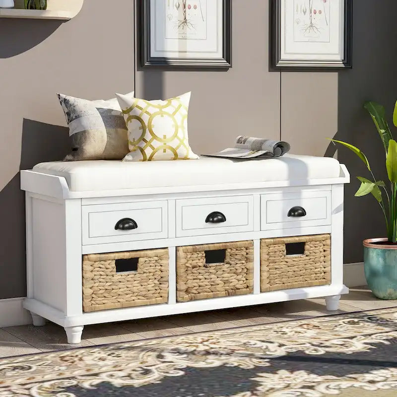 Panca contenitore per 1 persona, in stile antico, color Navy/Espresso/Bianco Sbiancato/Bianco Rustico, con 3 cassetti e 3 cesti in rattan