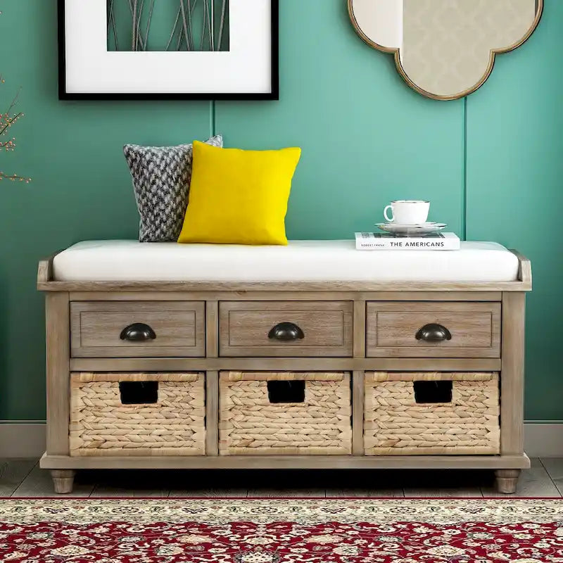 Panca contenitore per 1 persona, in stile antico, color Navy/Espresso/Bianco Sbiancato/Bianco Rustico, con 3 cassetti e 3 cesti in rattan