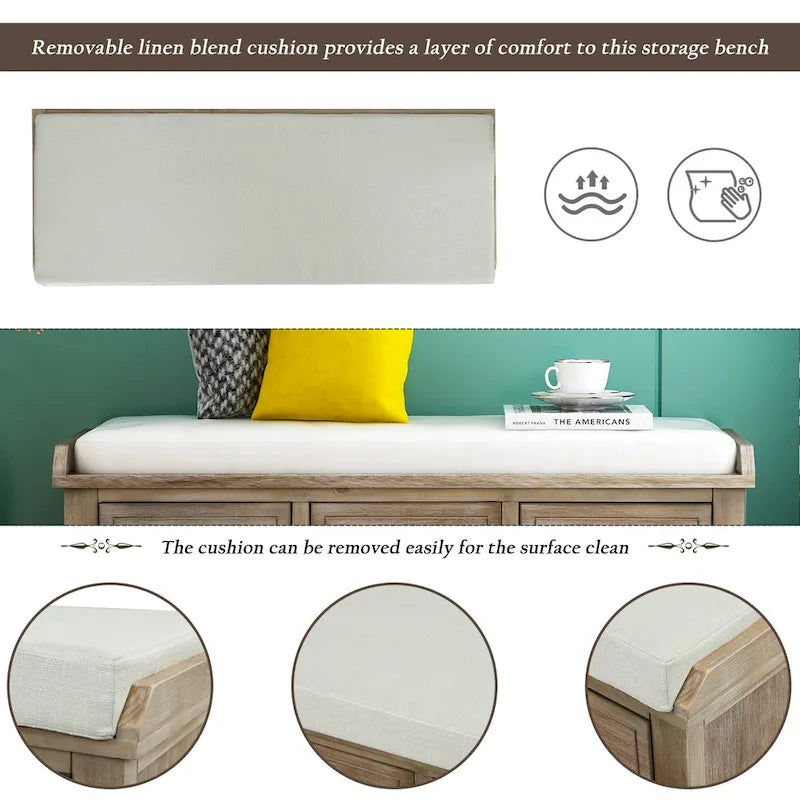 Panca contenitore per 1 persona, in stile antico, color Navy/Espresso/Bianco Sbiancato/Bianco Rustico, con 3 cassetti e 3 cesti in rattan