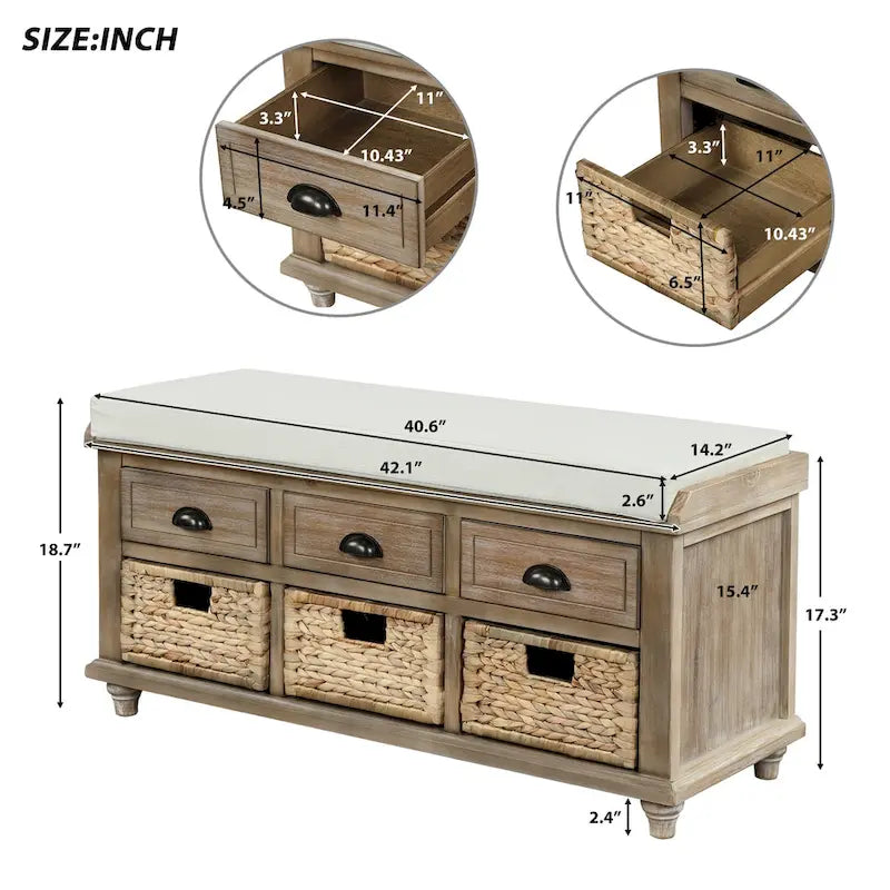 Panca contenitore per 1 persona, in stile antico, color Navy/Espresso/Bianco Sbiancato/Bianco Rustico, con 3 cassetti e 3 cesti in rattan