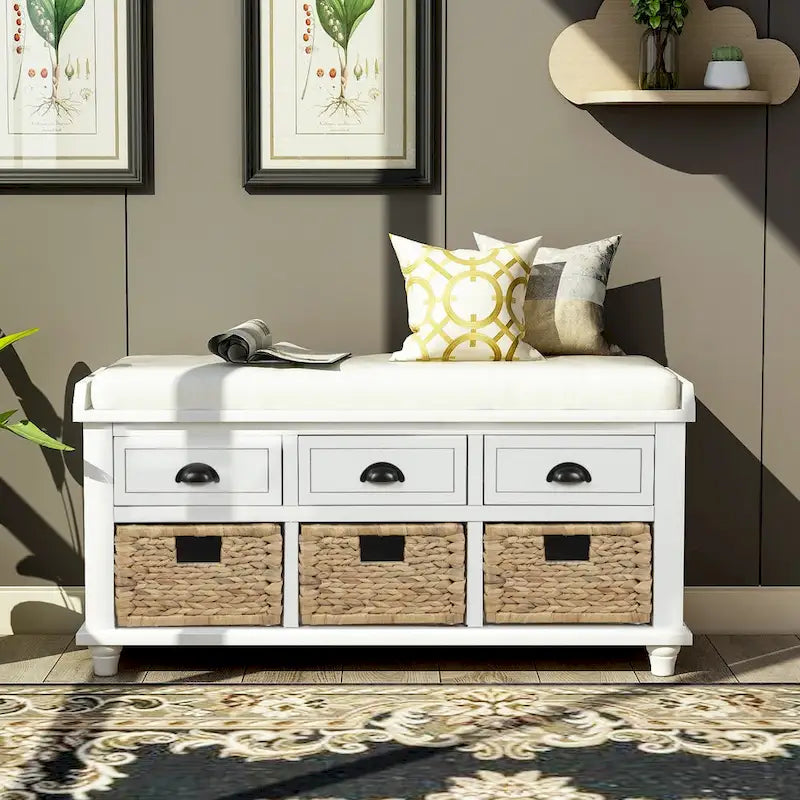 Panca contenitore per 1 persona, in stile antico, color Navy/Espresso/Bianco Sbiancato/Bianco Rustico, con 3 cassetti e 3 cesti in rattan