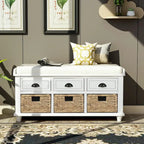 Panca contenitore per 1 persona, in stile antico, color Navy/Espresso/Bianco Sbiancato/Bianco Rustico, con 3 cassetti e 3 cesti in rattan