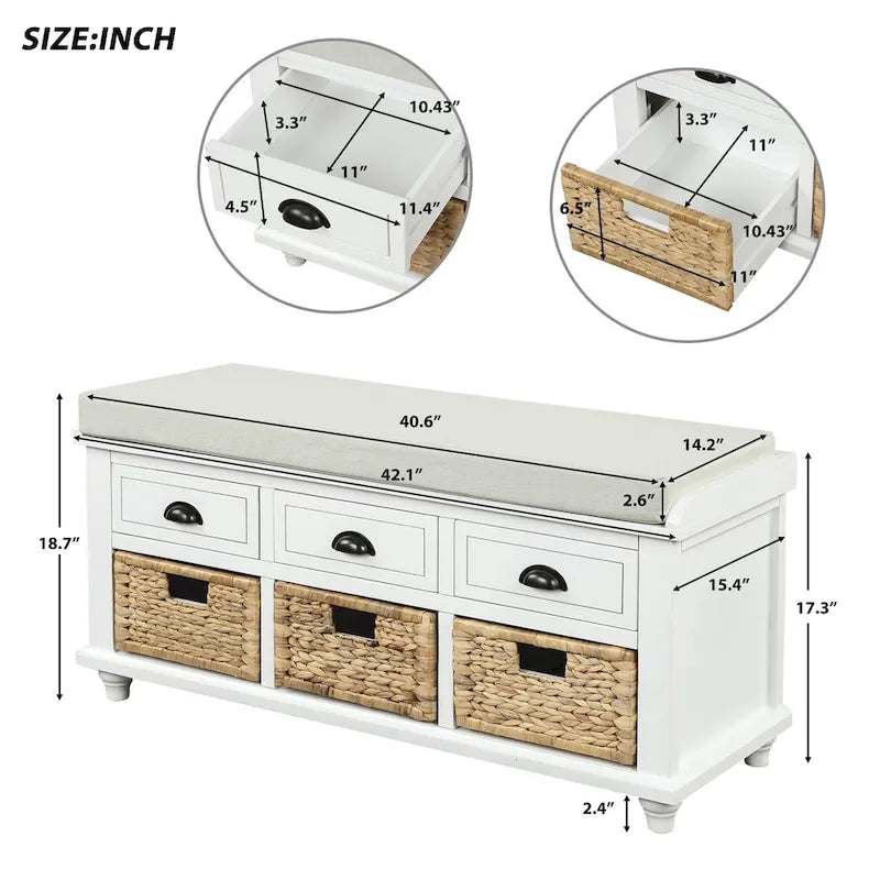 Panca contenitore per 1 persona, in stile antico, color Navy/Espresso/Bianco Sbiancato/Bianco Rustico, con 3 cassetti e 3 cesti in rattan