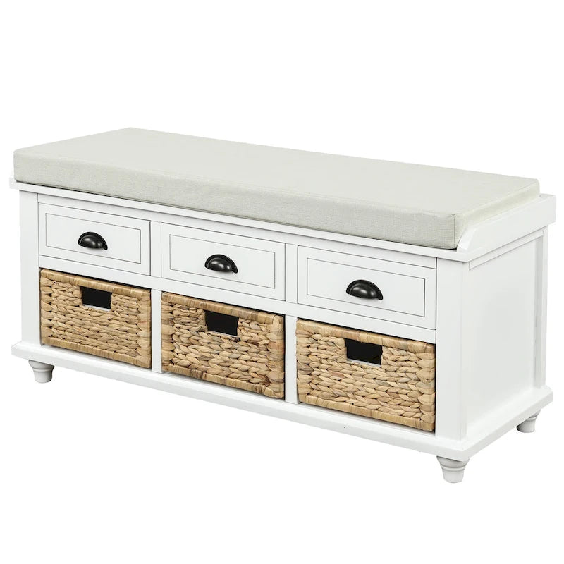Panca contenitore per 1 persona, in stile antico, color Navy/Espresso/Bianco Sbiancato/Bianco Rustico, con 3 cassetti e 3 cesti in rattan