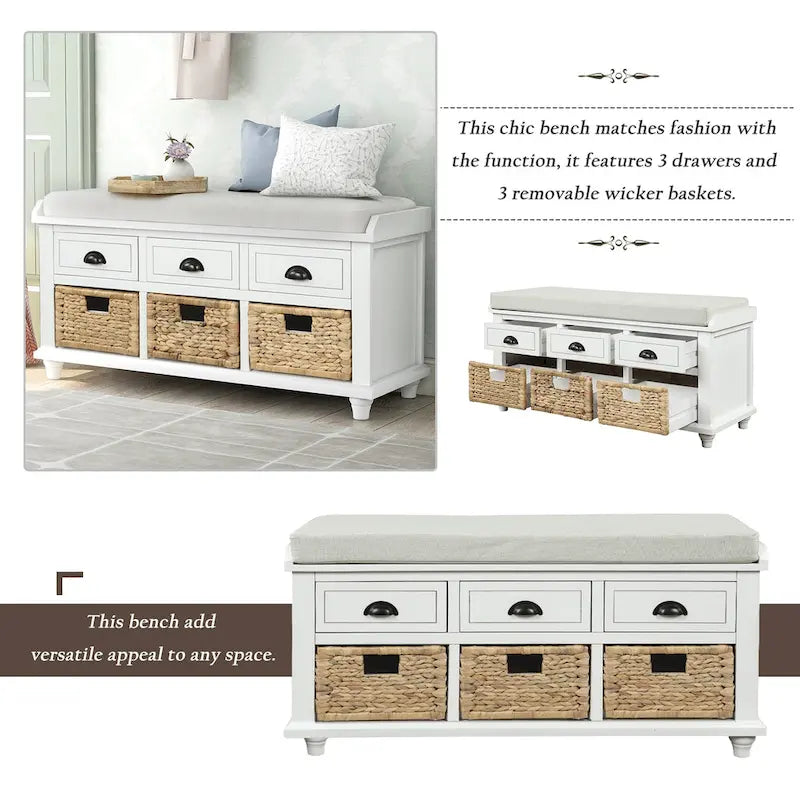 Panca contenitore per 1 persona, in stile antico, color Navy/Espresso/Bianco Sbiancato/Bianco Rustico, con 3 cassetti e 3 cesti in rattan