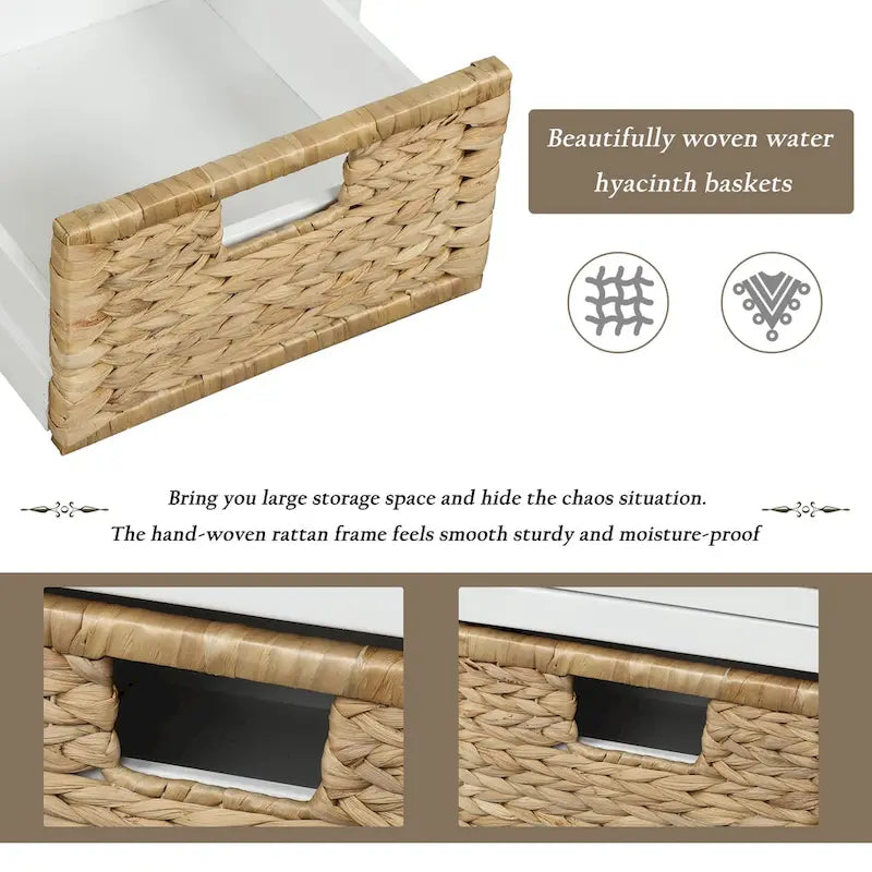 Panca contenitore per 1 persona, in stile antico, color Navy/Espresso/Bianco Sbiancato/Bianco Rustico, con 3 cassetti e 3 cesti in rattan
