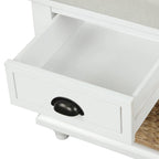 Panca contenitore per 1 persona, in stile antico, color Navy/Espresso/Bianco Sbiancato/Bianco Rustico, con 3 cassetti e 3 cesti in rattan