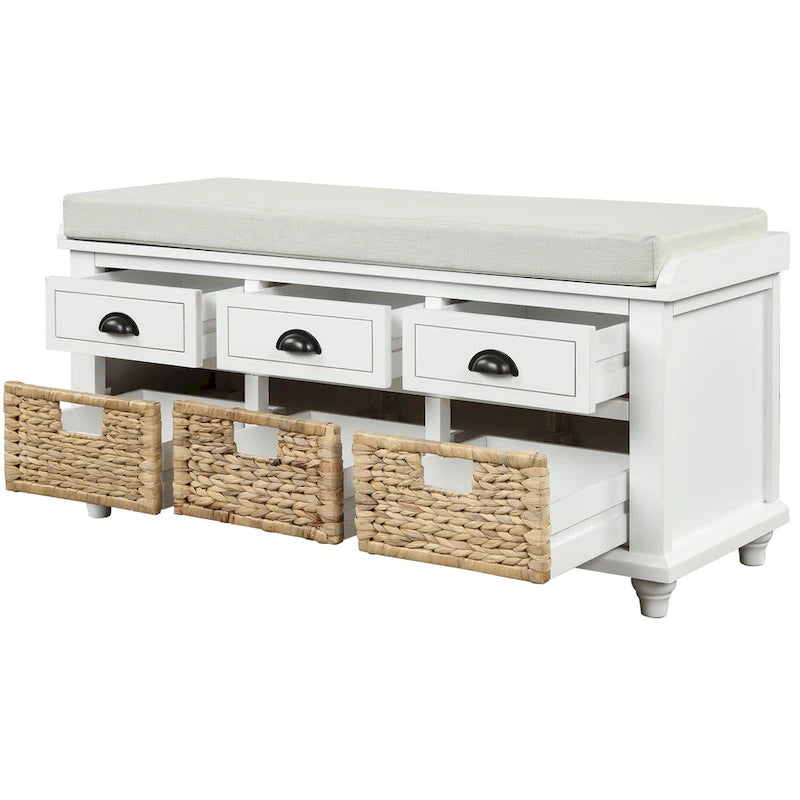 Panca contenitore per 1 persona, in stile antico, color Navy/Espresso/Bianco Sbiancato/Bianco Rustico, con 3 cassetti e 3 cesti in rattan