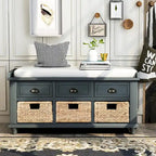 Panca contenitore per 1 persona, in stile antico, color Navy/Espresso/Bianco Sbiancato/Bianco Rustico, con 3 cassetti e 3 cesti in rattan