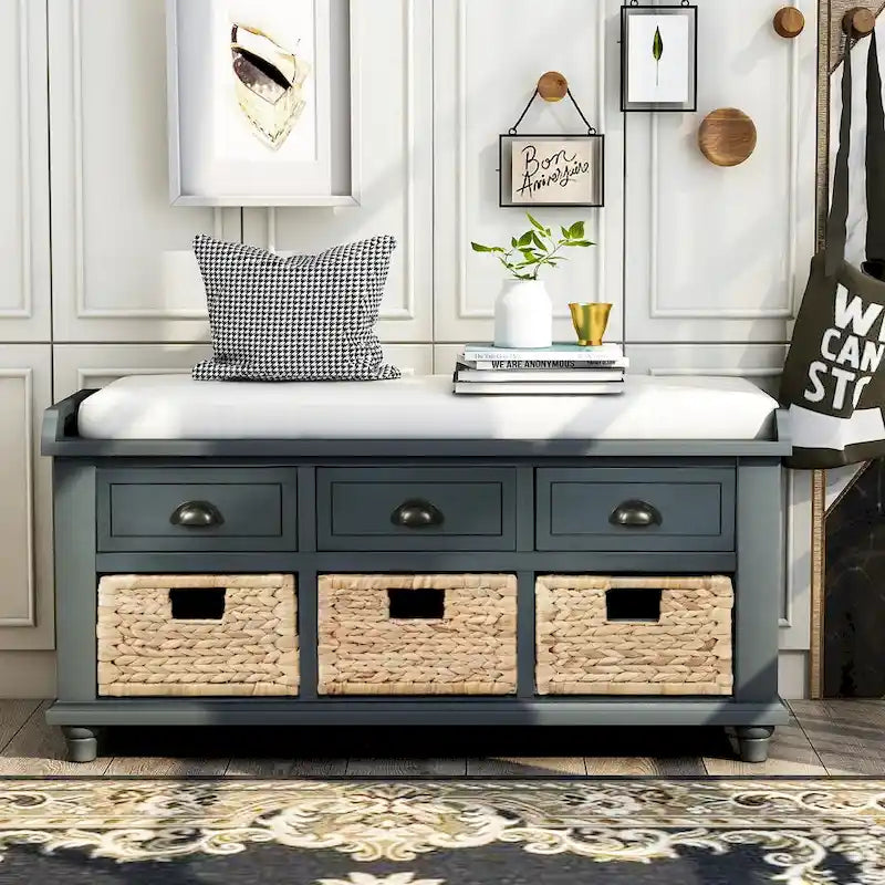 Panca contenitore per 1 persona, in stile antico, color Navy/Espresso/Bianco Sbiancato/Bianco Rustico, con 3 cassetti e 3 cesti in rattan