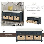 Panca contenitore per 1 persona, in stile antico, color Navy/Espresso/Bianco Sbiancato/Bianco Rustico, con 3 cassetti e 3 cesti in rattan