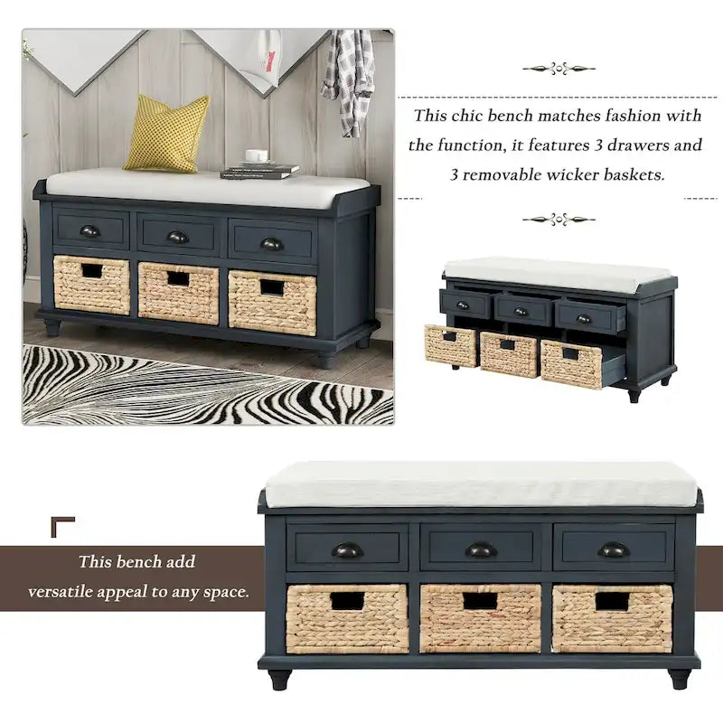 Panca contenitore per 1 persona, in stile antico, color Navy/Espresso/Bianco Sbiancato/Bianco Rustico, con 3 cassetti e 3 cesti in rattan