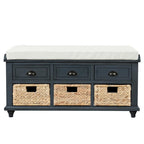 Panca contenitore per 1 persona, in stile antico, color Navy/Espresso/Bianco Sbiancato/Bianco Rustico, con 3 cassetti e 3 cesti in rattan
