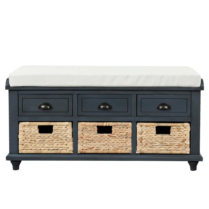 Panca contenitore per 1 persona, in stile antico, color Navy/Espresso/Bianco Sbiancato/Bianco Rustico, con 3 cassetti e 3 cesti in rattan