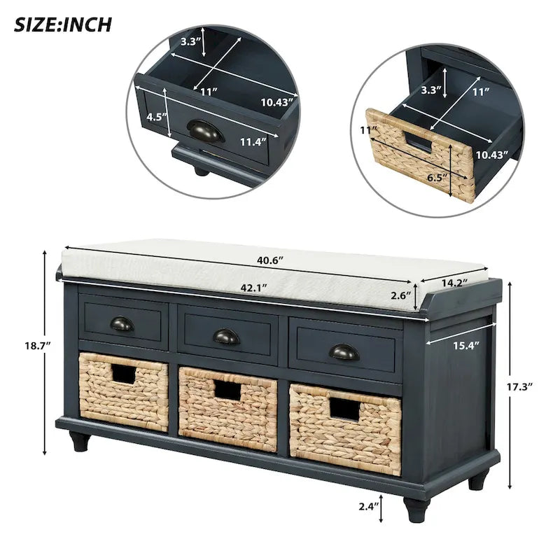 Panca contenitore per 1 persona, in stile antico, color Navy/Espresso/Bianco Sbiancato/Bianco Rustico, con 3 cassetti e 3 cesti in rattan