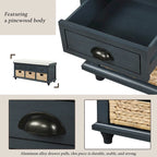 Panca contenitore per 1 persona, in stile antico, color Navy/Espresso/Bianco Sbiancato/Bianco Rustico, con 3 cassetti e 3 cesti in rattan