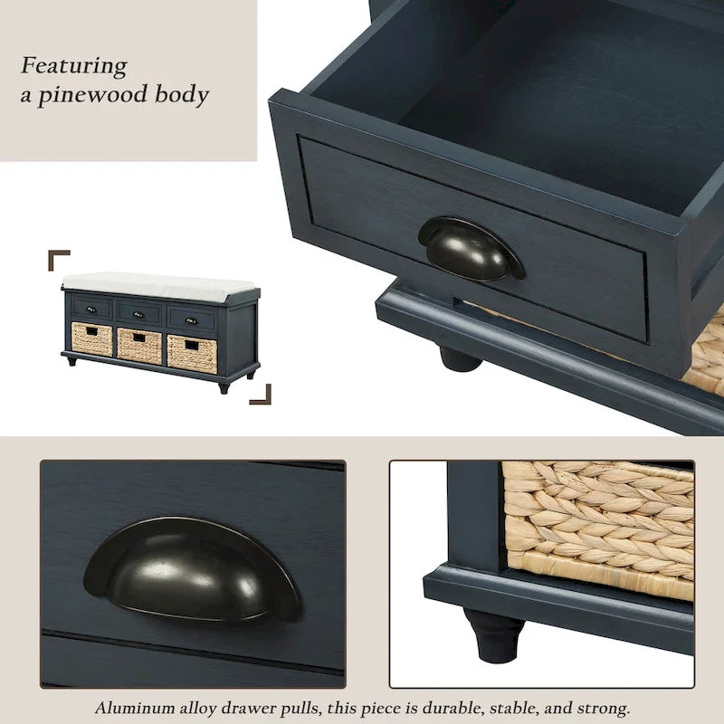 Panca contenitore per 1 persona, in stile antico, color Navy/Espresso/Bianco Sbiancato/Bianco Rustico, con 3 cassetti e 3 cesti in rattan