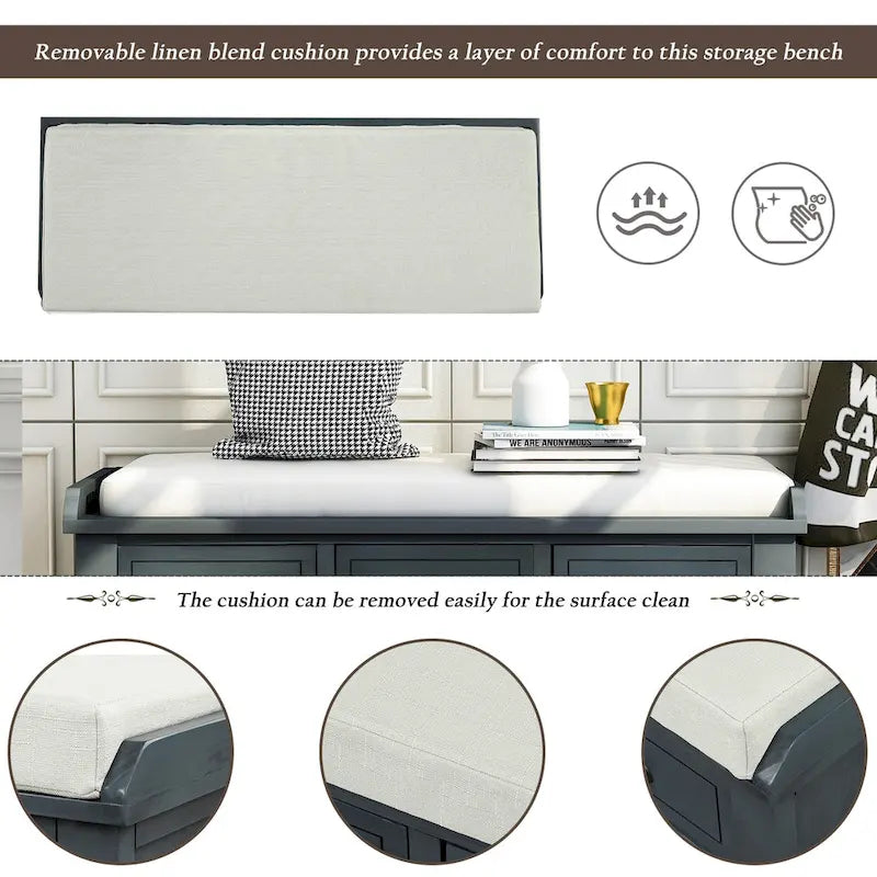 Panca contenitore per 1 persona, in stile antico, color Navy/Espresso/Bianco Sbiancato/Bianco Rustico, con 3 cassetti e 3 cesti in rattan