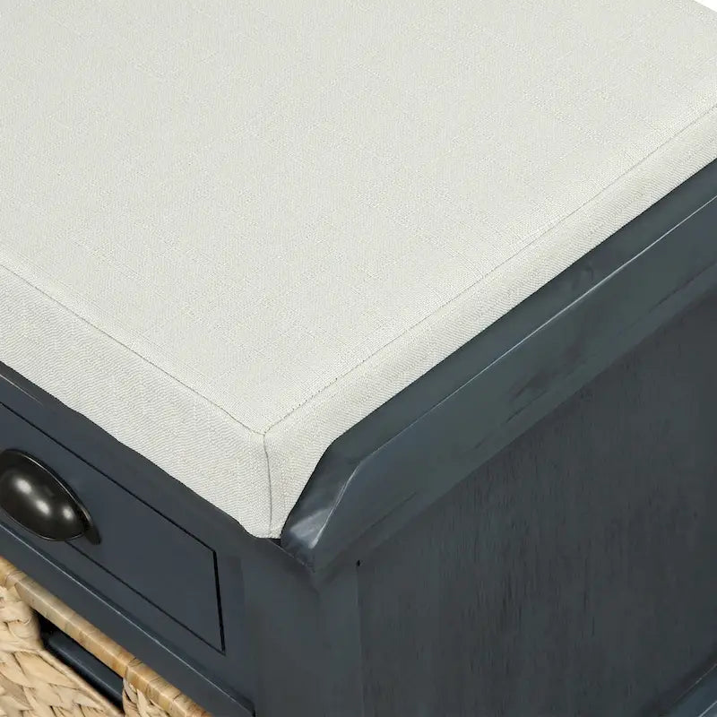 Panca contenitore per 1 persona, in stile antico, color Navy/Espresso/Bianco Sbiancato/Bianco Rustico, con 3 cassetti e 3 cesti in rattan