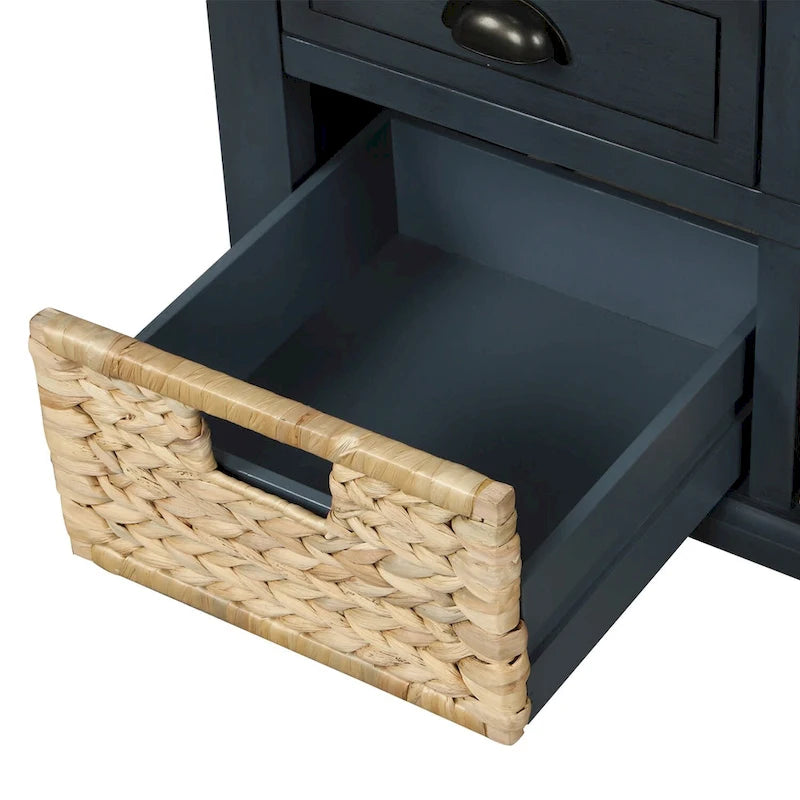 Panca contenitore per 1 persona, in stile antico, color Navy/Espresso/Bianco Sbiancato/Bianco Rustico, con 3 cassetti e 3 cesti in rattan