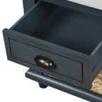 Panca contenitore per 1 persona, in stile antico, color Navy/Espresso/Bianco Sbiancato/Bianco Rustico, con 3 cassetti e 3 cesti in rattan