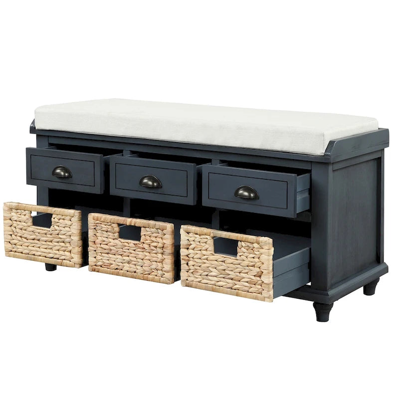 Panca contenitore per 1 persona, in stile antico, color Navy/Espresso/Bianco Sbiancato/Bianco Rustico, con 3 cassetti e 3 cesti in rattan