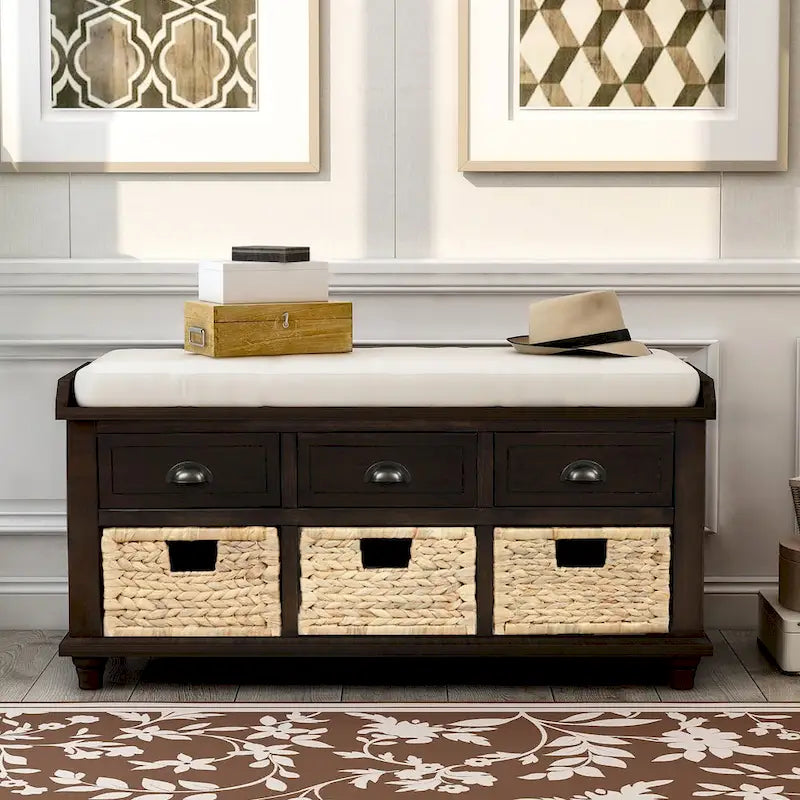 Panca contenitore per 1 persona, in stile antico, color Navy/Espresso/Bianco Sbiancato/Bianco Rustico, con 3 cassetti e 3 cesti in rattan