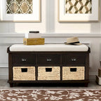 Panca contenitore per 1 persona, in stile antico, color Navy/Espresso/Bianco Sbiancato/Bianco Rustico, con 3 cassetti e 3 cesti in rattan