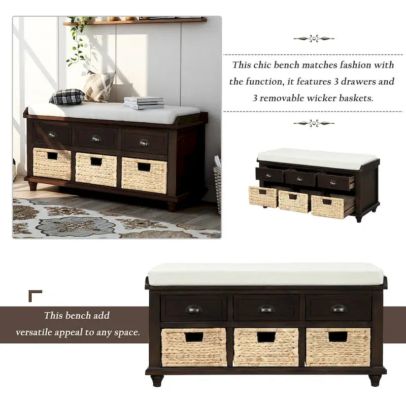 Panca contenitore per 1 persona, in stile antico, color Navy/Espresso/Bianco Sbiancato/Bianco Rustico, con 3 cassetti e 3 cesti in rattan