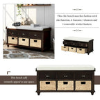Panca contenitore per 1 persona, in stile antico, color Navy/Espresso/Bianco Sbiancato/Bianco Rustico, con 3 cassetti e 3 cesti in rattan