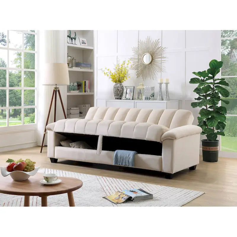 Divano letto convertibile in velluto con contenitore, 2 posti – Blu / Rosso / Verde / Crema / Grigio / Marrone / Grigio chiaro