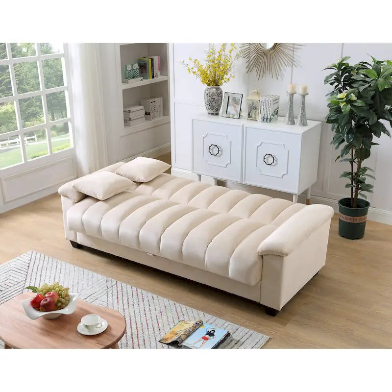 Divano letto convertibile in velluto con contenitore, 2 posti – Blu / Rosso / Verde / Crema / Grigio / Marrone / Grigio chiaro