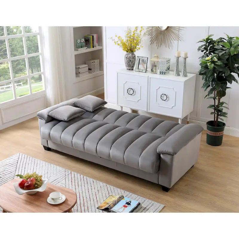 Divano letto convertibile in velluto con contenitore, 2 posti – Blu / Rosso / Verde / Crema / Grigio / Marrone / Grigio chiaro
